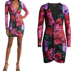AFRM Phillipa Floral Print Ruched Long Sleeve Bodycon Dress Size XS